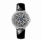 Faux Cartier Ballon Bleu Black Leather Strap Diamonds Watch